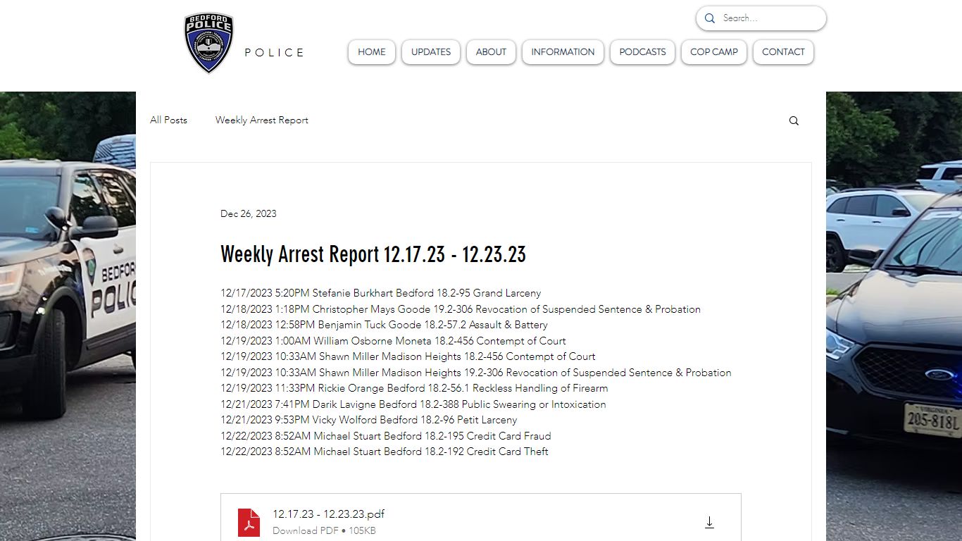 Weekly Arrest Report 12.17.23 - 12.23.23 - Bedford PD